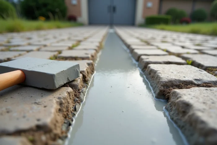 Gros plan sur un seuil de portail rénové avec du mortier frais entre des blocs de pierre calcaire