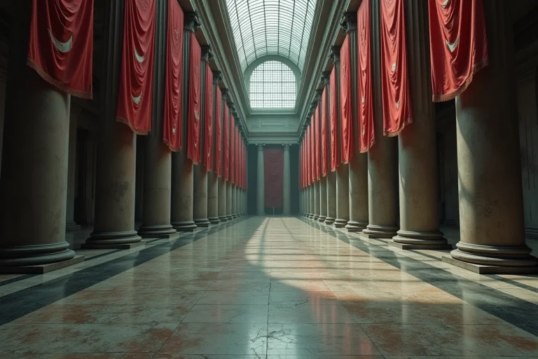 Un long couloir de marbre délabré avec des colonnes de pierre et des bannières rouge décolorées, symbolisant les régimes autoritaires de l'histoire mondiale