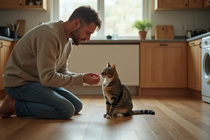 Propriétaire donnant un comprimé de clavaseptine à son chat à la maison avec soin et patience