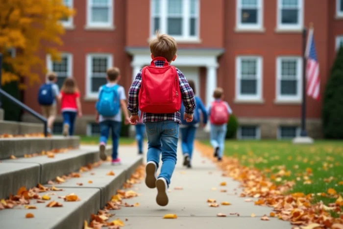 Écolier américain quittant son école primaire en courant lors du début des vacances scolaires aux USA en automne