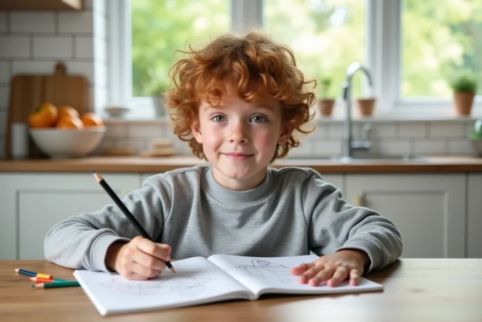 Jeune enfant concentré sur un dessin créatif à la table de cuisine, illustrant l'épanouissement personnel et la créativité