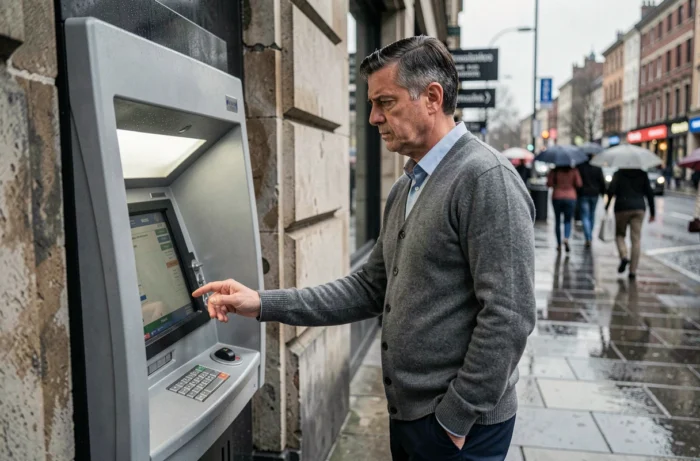 Enseignant vérifiant le solde de son compte bancaire à un distributeur automatique sous la pluie, en lien avec un retard de salaire