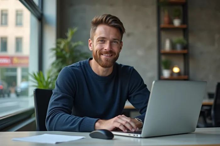 Un entrepreneur consultant des statistiques de présence en ligne dans un espace de coworking moderne