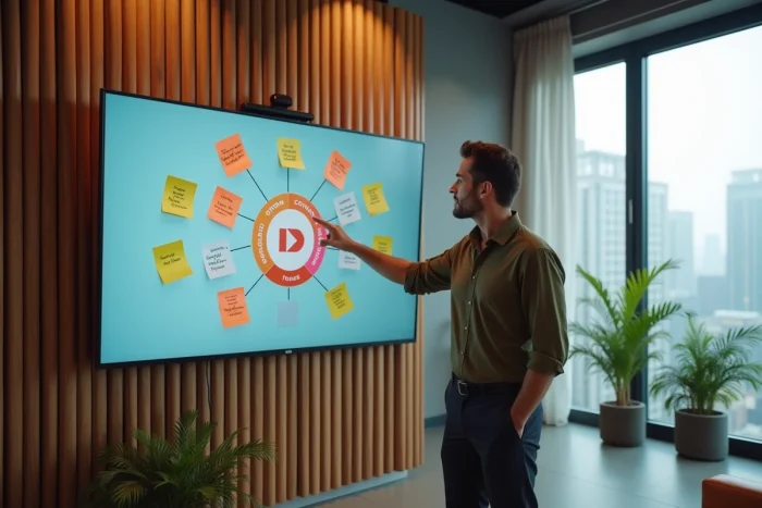 Entrepreneur présentant une stratégie de marketing digital sur un écran interactif dans un espace de coworking