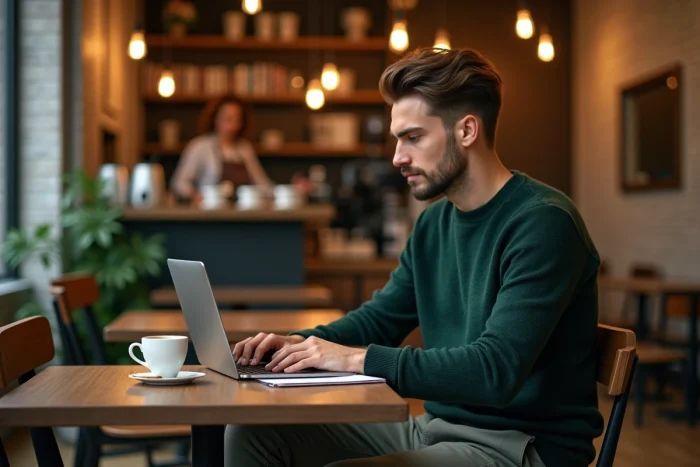Jeune entrepreneur travaillant seul sur son ordinateur portable dans un café branché