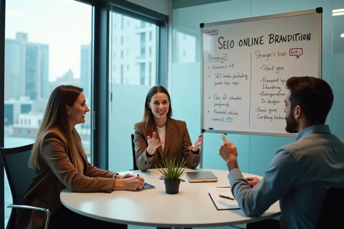 Équipe de professionnels collaborant sur des stratégies de visibilité d'entreprise en ligne lors d'une réunion
