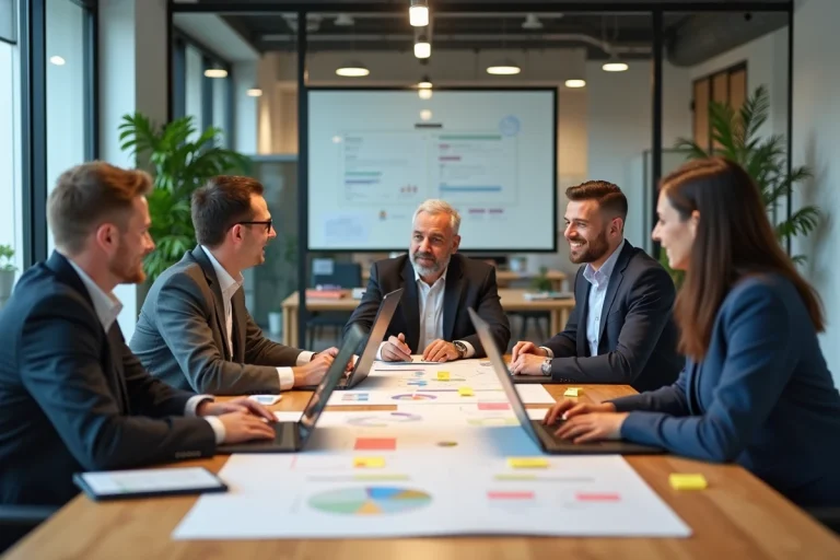Équipe de professionnels réunie autour d'une table de conférence pour planifier un projet en entreprise