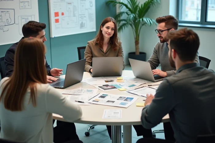 Une équipe de professionnels du web en réunion stratégique autour de maquettes de sites sur mesure