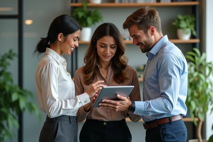 Équipe de professionnels discutant des performances e-commerce sur une tablette dans un espace de coworking