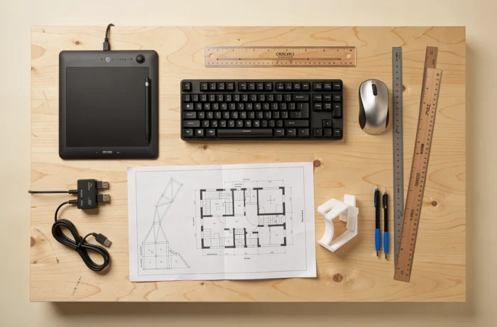 Vue à plat des équipements essentiels pour l'architecture et la modélisation 3D incluant tablette graphique, souris 3D, règles à l'échelle et modèle architectural imprimé en 3D