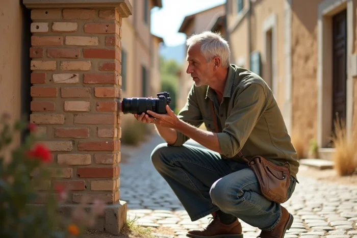 Ethnographe photographiant des symboles gitans gravés sur un pilier de portail en brique dans un village du sud de la France