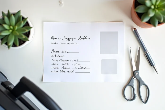 Vue de dessus d'une étiquette bagage PDF imprimée et remplie à la main posée sur un bureau blanc avec ciseaux et stylo