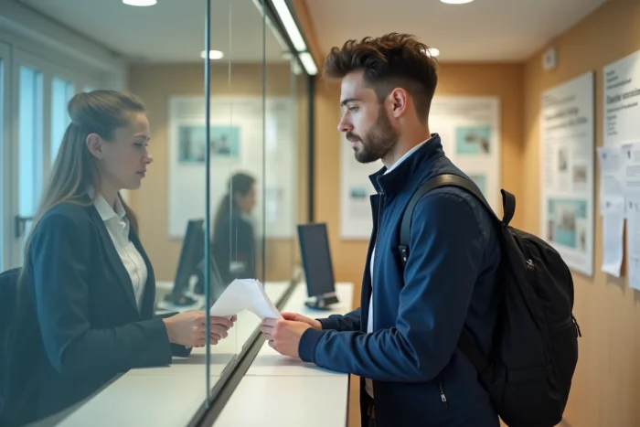 Étudiant remettant un justificatif d'absence au bureau administratif de l'université