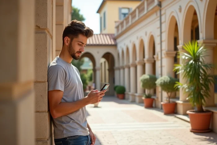 Étudiant SupAgro Montpellier consultant le portail Horde sur son smartphone dans la cour du campus