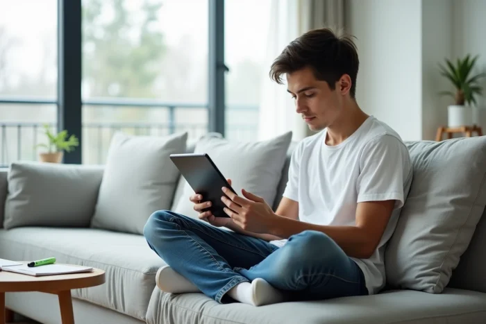 Jeune étudiant consultant son espace de formation Comptalia sur une tablette depuis son salon