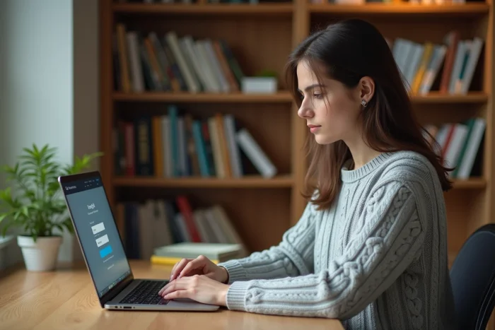 Étudiante connectée à son espace étudiant Studi Comptalia sur un ordinateur portable dans un bureau à domicile