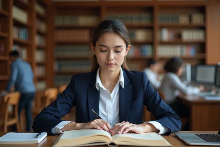 Étudiante en droit dans une bibliothèque universitaire consultant des livres de droit pour préparer le concours de notaire après un bac STMG