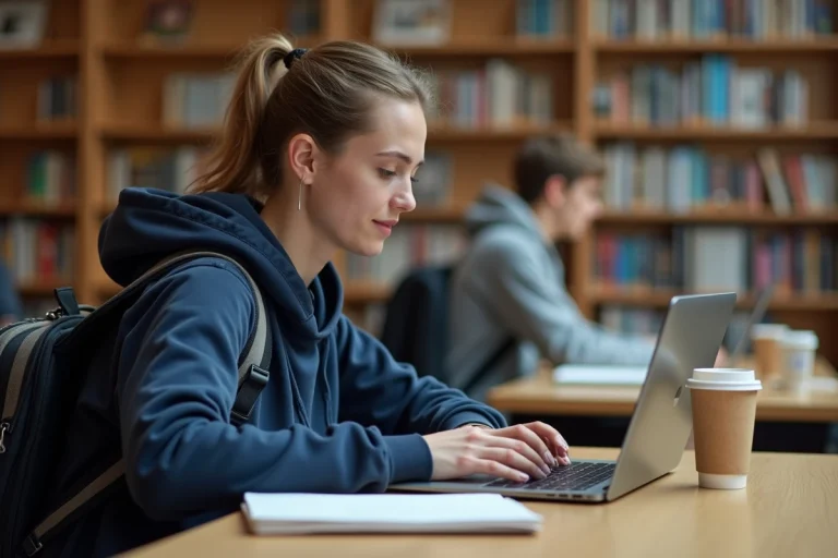 Étudiante de Montpellier accédant à sa messagerie universitaire Horde SupAgro sur un ordinateur portable en bibliothèque