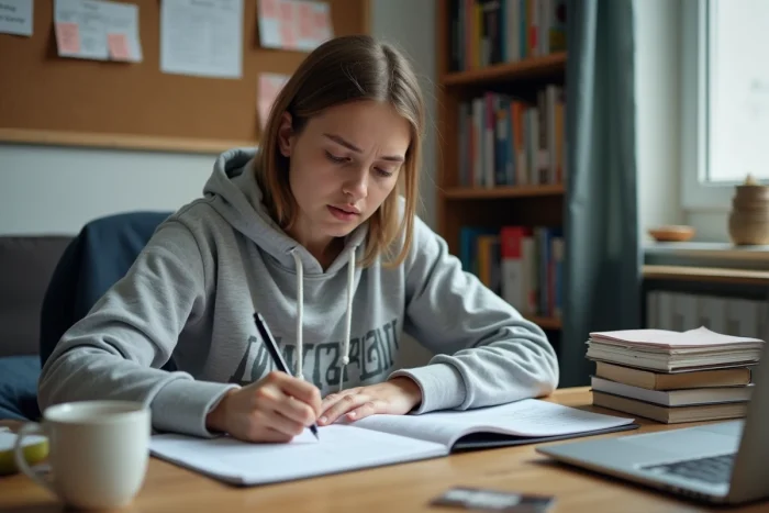 Étudiante remplissant un justificatif d'absence à son bureau dans une chambre universitaire