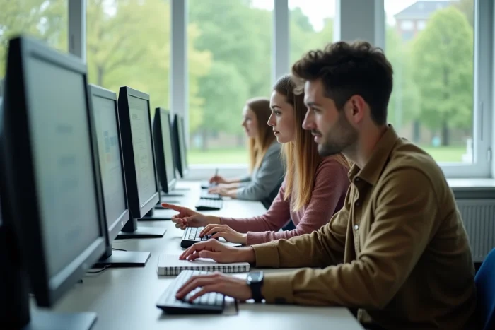 Deux étudiants de SupAgro Montpellier utilisant Horde Webmail sur des ordinateurs en salle informatique universitaire