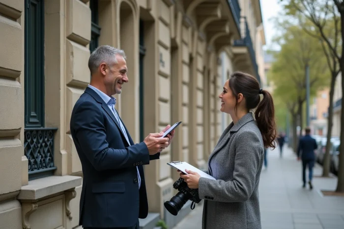Deux experts immobiliers effectuant une estimation sur le terrain devant un immeuble en pierre