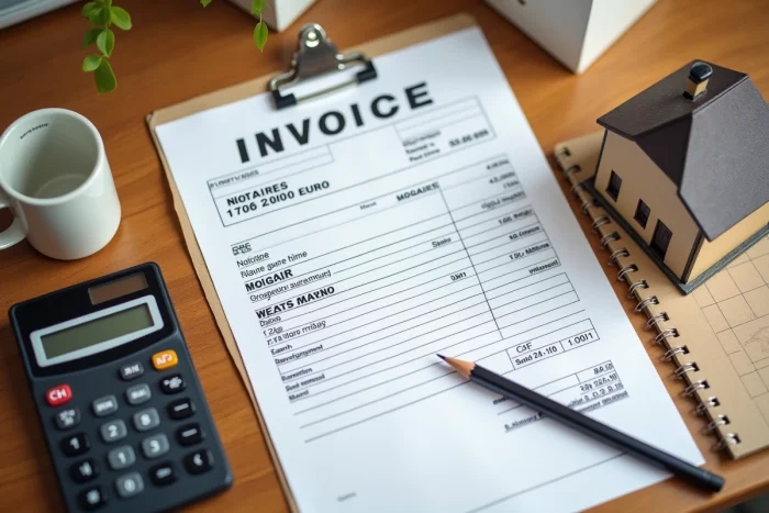 Vue aérienne d'une facture de frais de notaire posée sur un bureau en bois avec calculatrice et notes manuscrites pour un achat immobilier à 200 000 euros