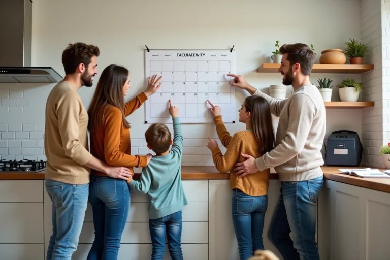 Famille américaine consultant un calendrier scolaire accroché au mur de leur cuisine pour planifier les vacances scolaires aux États-Unis