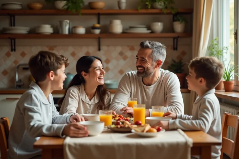 Famille épanouie partageant un petit-déjeuner convivial autour d'une table en bois dans une cuisine chaleureuse