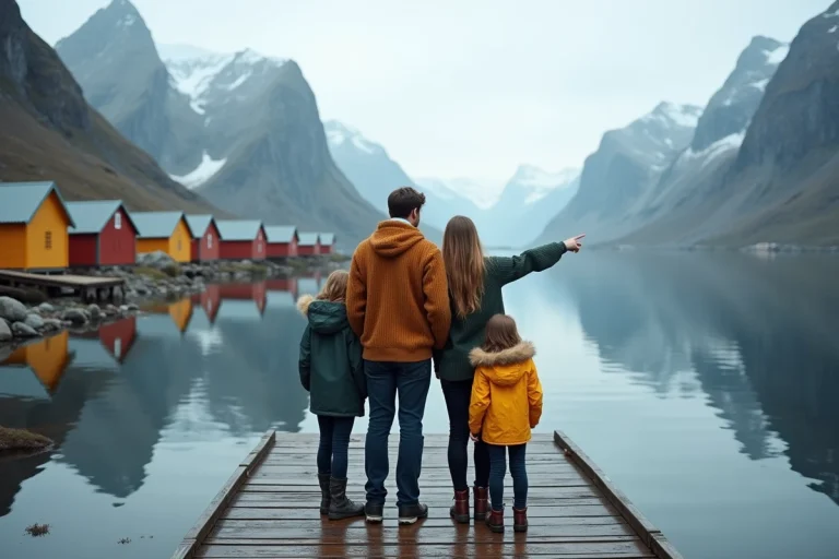 Famille de quatre personnes sur un ponton en bois face aux fjords et aux montagnes des îles Lofoten en Norvège, cabanes de pêcheurs colorées en arrière-plan