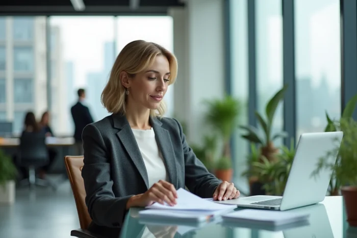 Femme d'affaires confiante dans un bureau moderne examinant des documents avec vue sur la ville