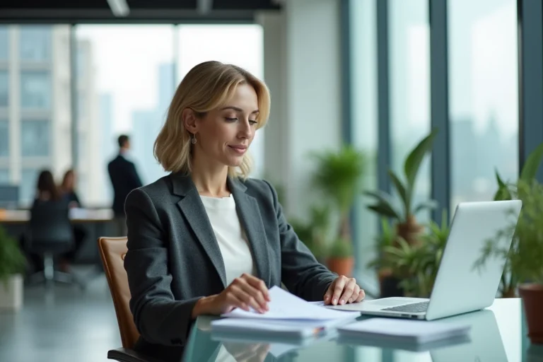 Femme d'affaires confiante dans un bureau moderne examinant des documents avec vue sur la ville