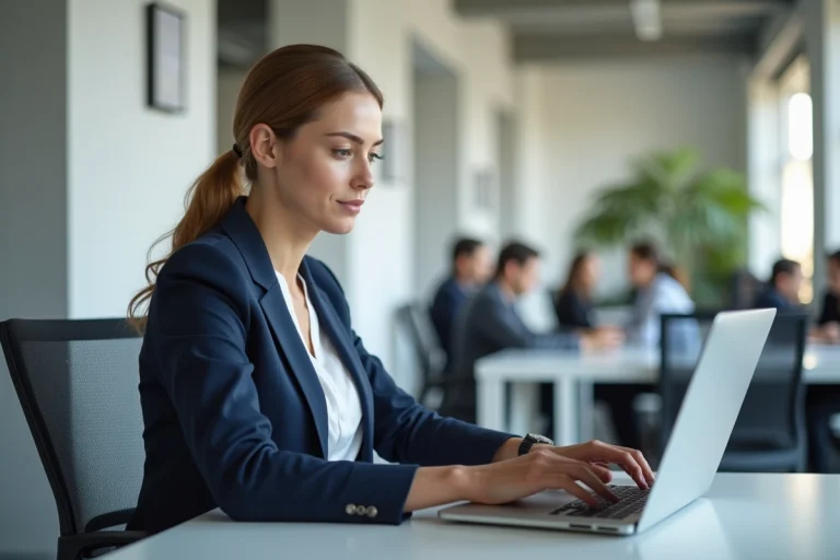 Femme d'affaires analysant des statistiques de visibilité en ligne sur un ordinateur portable dans un bureau moderne