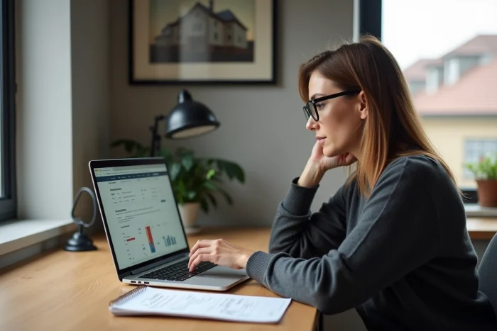Femme analysant les avantages d'un prêt immobilier modulable sur ordinateur dans un bureau à domicile