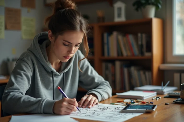Jeune femme concentrée analysant des indices de jeu d'escape game sur un bureau en bois avec notes et carnet