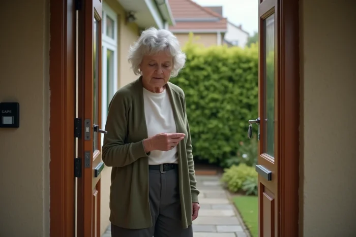 Femme senior utilisant un badge Verisure pour désactiver l'alarme de sa maison individuelle depuis l'extérieur