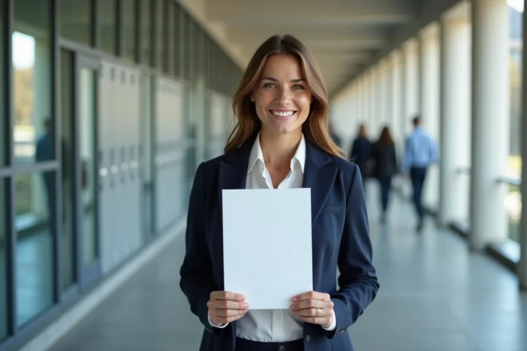 Femme diplômée tenant son diplôme de licence professionnelle dans un couloir d'université française