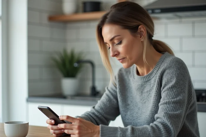 Femme tenant un smartphone affichant une erreur de connexion à la messagerie Wanadoo dans une cuisine moderne
