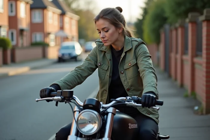 Femme assise sur une moto d'occasion en milieu urbain, évaluant le tableau de bord avant un achat potentiel