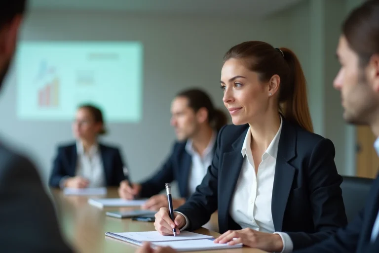 Femme professionnelle prenant des notes lors d'une formation en entreprise en 2024