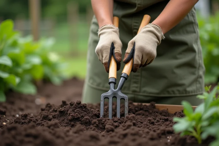 Femme utilisant une grelinette dans un potager écologique avec des buttes de culture en arrière-plan