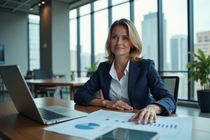 Femme professionnelle analysant des données d'investissement immobilier sur un ordinateur portable dans un bureau moderne avec vue sur la ville