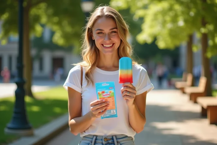 Jeune femme lisant les informations nutritionnelles sur un Mister Freeze dans un parc en été