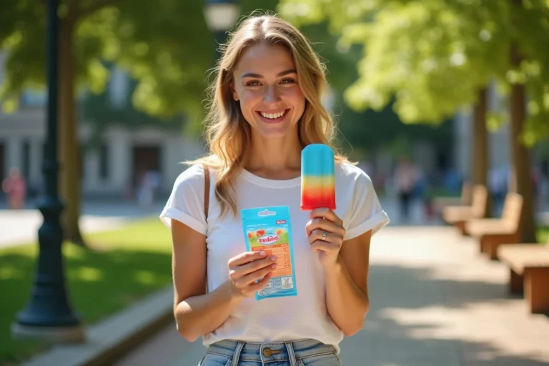 Jeune femme lisant les informations nutritionnelles sur un Mister Freeze dans un parc en été
