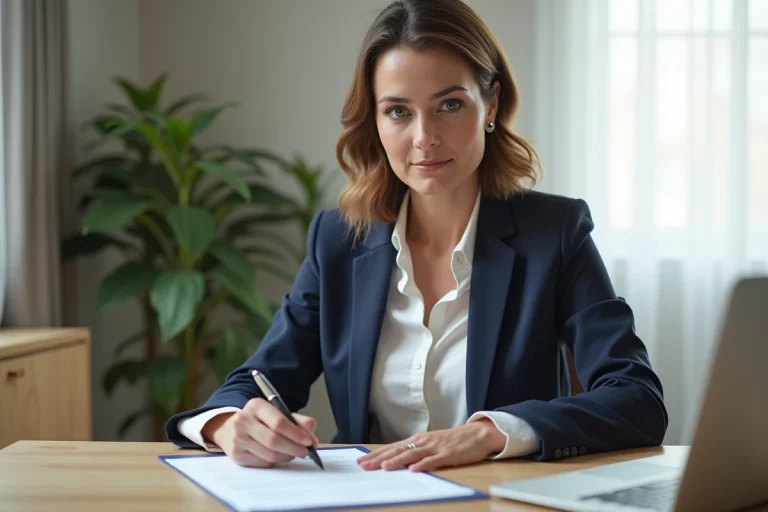 Femme consultant des documents de prêt personnel dans un bureau moderne à domicile
