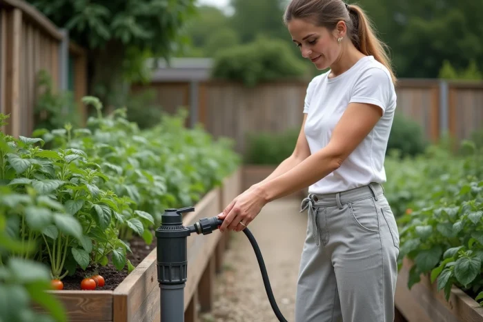 Femme connecte un tuyau à une pompe de surface dans un potager verdoyant avec des plants de tomates et herbes aromatiques