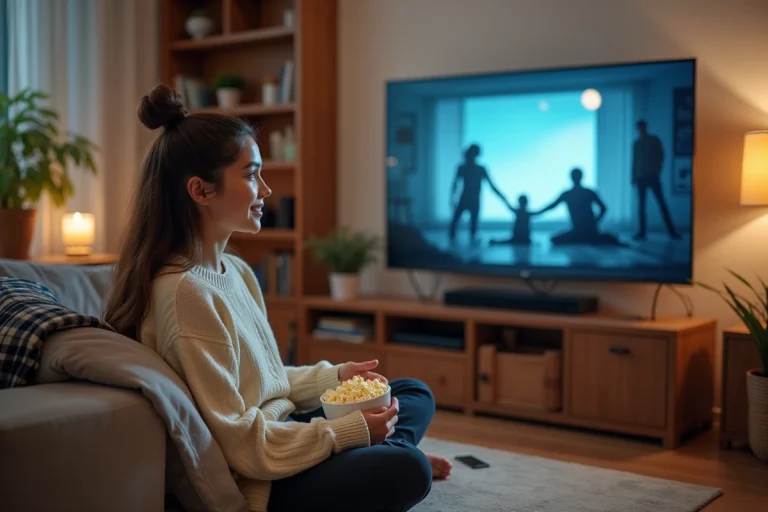 Jeune femme regardant un film en streaming sur son canapé avec du popcorn