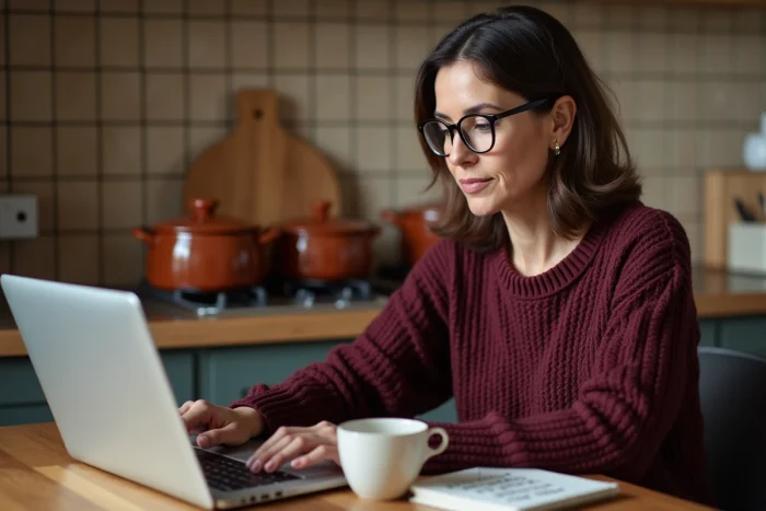 Femme consultant les dates de ventes privées en ligne depuis son appartement parisien en 2025