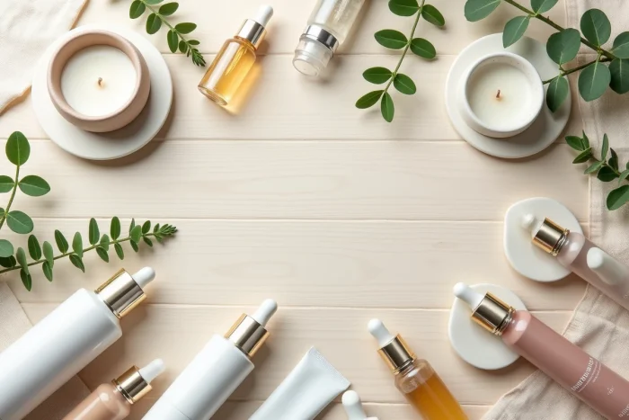 Flat lay éditorial de produits cosmétiques premium de marques concurrentes à Rituals sur fond bois clair