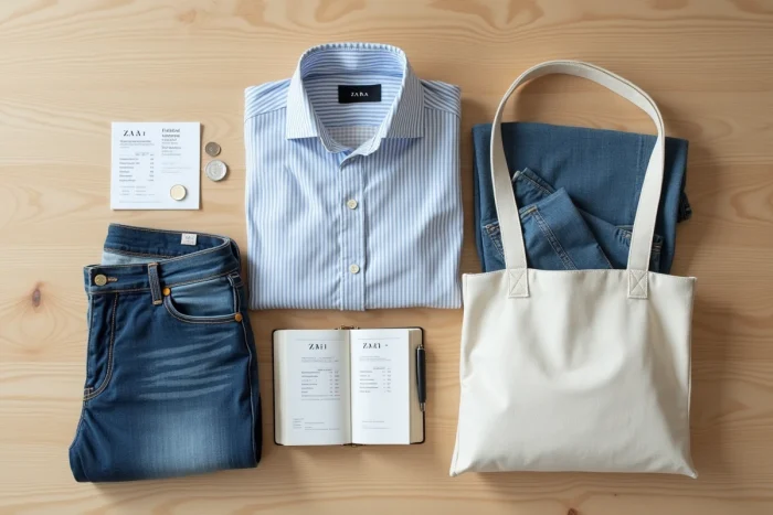 Flat lay comparatif de vêtements Zara avec tickets de caisse en euros et en yens japonais