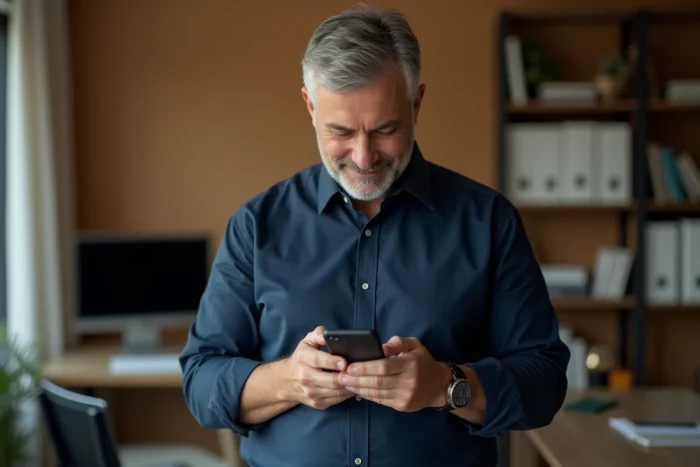Homme consultant son smartphone pour gérer son abonnement Amazon Prime dans un bureau à domicile